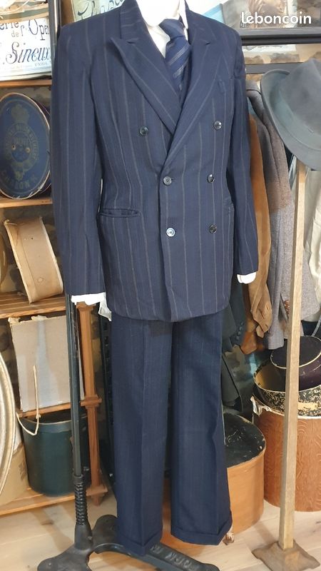 Costume ancien pièces homme bleu marine rayé blanc 1940 années