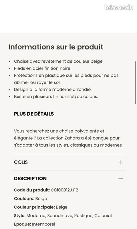 Vends 4 chaises Kave Home neuves - Pieds noirs + dossier en tissu texturé beige avec surpiqûres beiges (image 10)