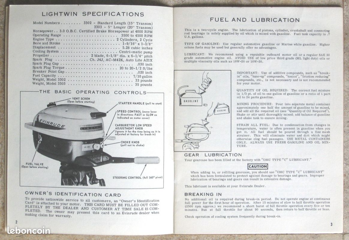 Manuel Du Propriétaire Evinrude Sportwin - Moteur Hors-bord Occasion