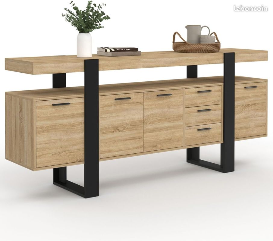 Grand Buffet XXL 180 cm – Design Industriel Loft – 4 Placards & 3 Tiroirs – Finition Bois et Noir – Grande Capacité de Rangement – L.180 x l.40 x H.80 cm (image 1)