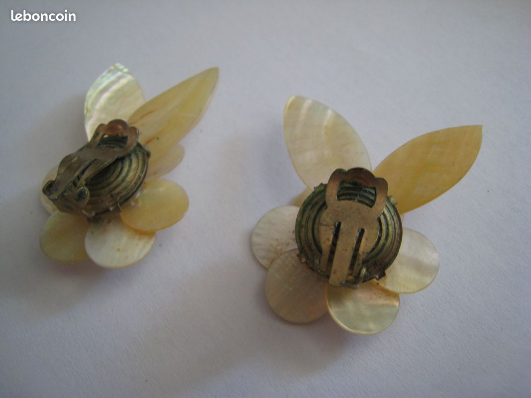 Boucles D'oreilles Clips Vintage Années 1940-1960 - Nacrée Ronde - Sans Marque