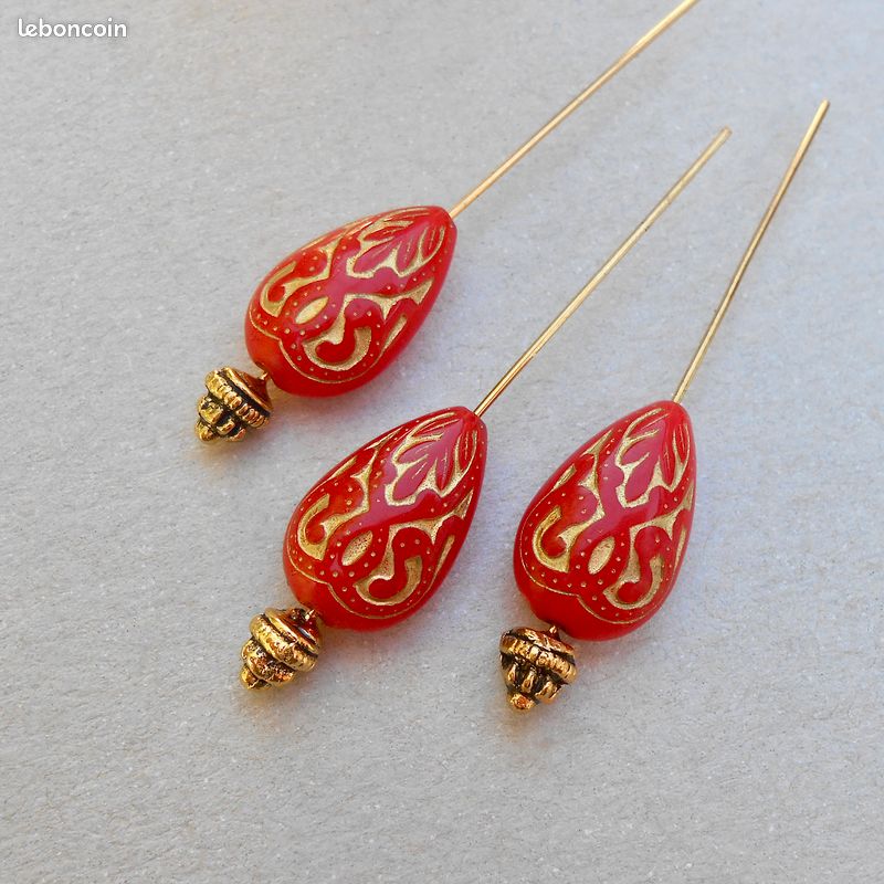 Création Bijoux DIY - 10 Perles Poires Style Oriental Gouttes Reliefs Effet Gravé en Résine Rouge (image 2)