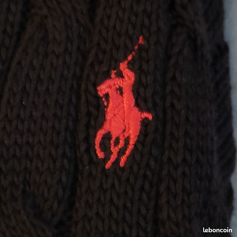 Pull Femme Torsadé Noir Logo Brodé Rouge Col en V 🐎 Ralph