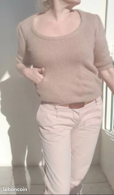 Pull en maille Angora & cachemire & laine couleur beige & rose - Taille M (image 4)