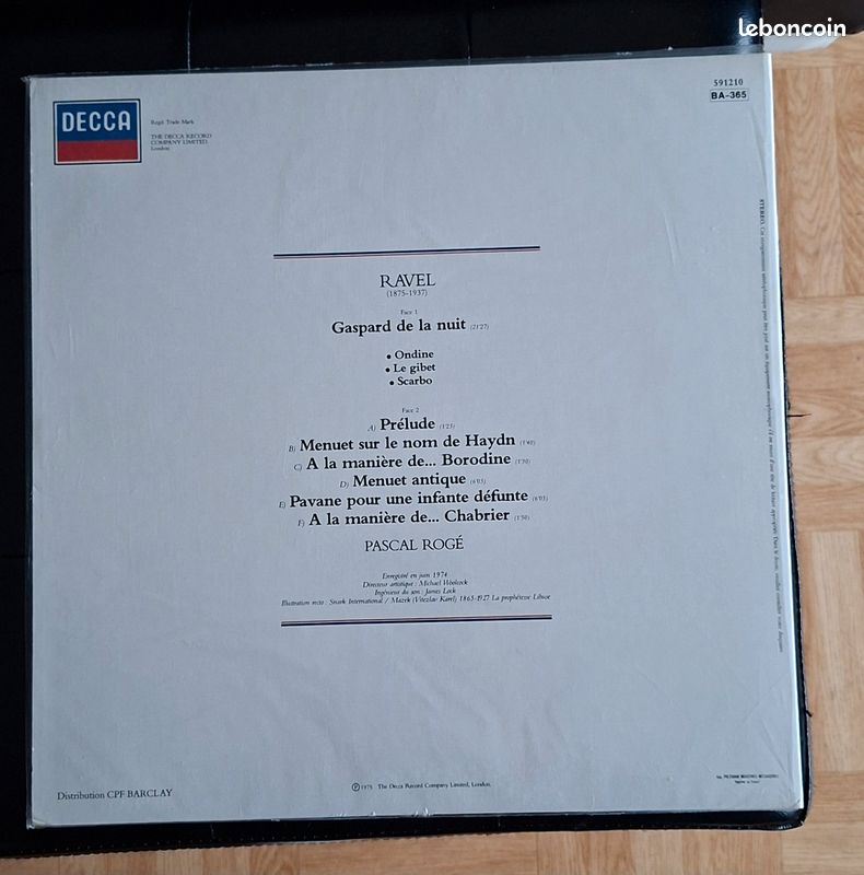 Disque vinyle 33T : RAVEL gaspard de la nuit Menuets " A la manière de..." Prélude Pavane pour une infante défunte PASCAL ROGE (image 2)