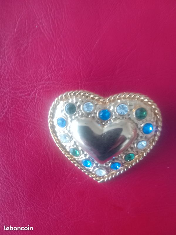 Broche Cœur Cristal Or Diamant Boréalis - Bijou Vintage Ref 1588, état Impeccable