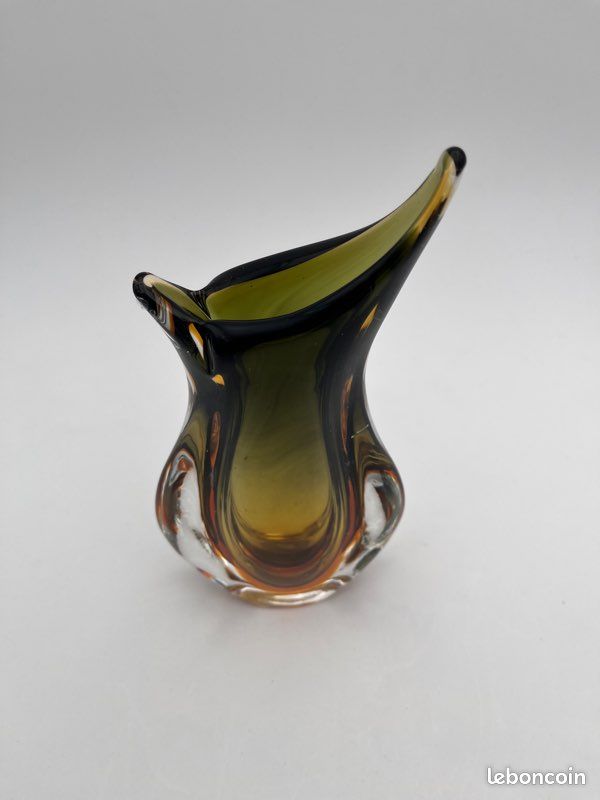 Vase Sommerso Flavio Poli Seguso Murano Verre Vert Ambre 1950 (image 4)