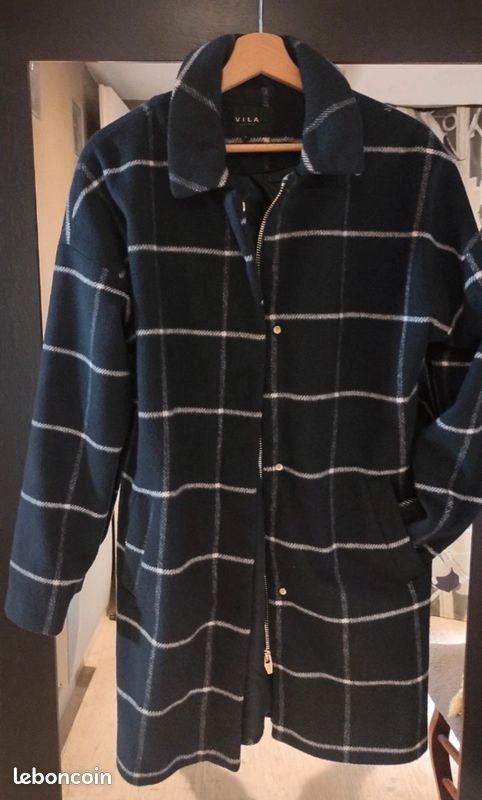 Manteau en laine bleu marine et blanc (image 1)