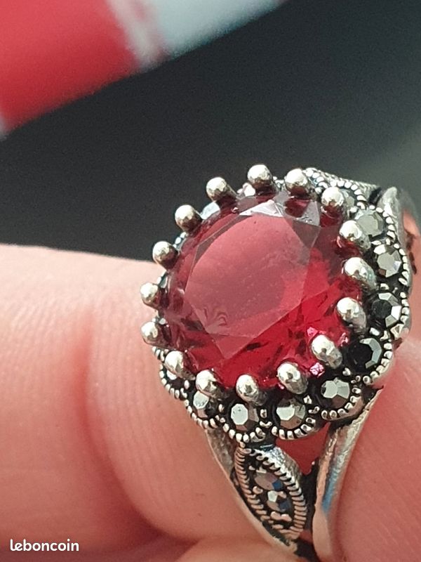 Bague Ancienne En Argent 925 Avec Rubis - Taille 57, Pierre Naturelle Rose
