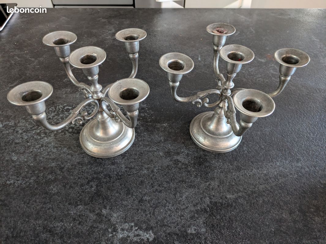 Paire De Bougeoirs Vintage En Étain - Fabrication Française - État Dd8