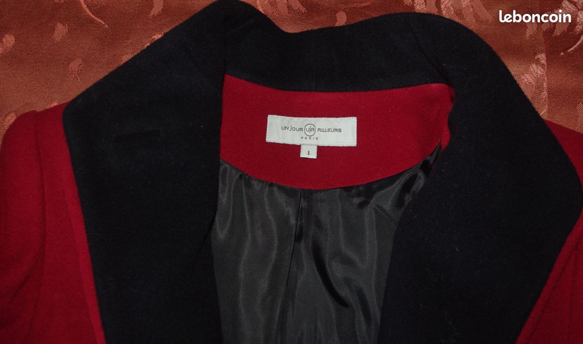 Manteau en laine et cachemire rouge et noir un jour ailleurs t 1 comme neuf (image 7)