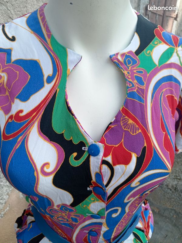 Robe Vintage Années 80 En Laine Bleu Foncé - Taille L (40-42) - Occasion Très Bon état