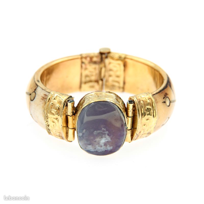 Bracelet Large Ethnique Vintage - Laiton, Corne Et Pierre, Ancien, Bon état D'usage