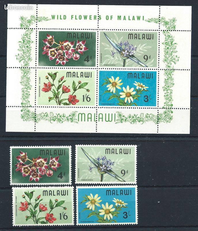 Timbre Malawi N°80/83 + Bloc 10* * (MNH) 1968 - Flore "Fleurs Divers" (image 1)