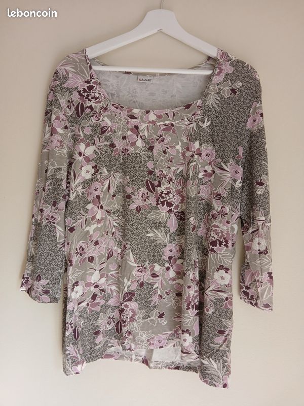 Haut Blanc à Motifs Floraux Damart - Taille 18/20 - Coton Manches Courtes - Occasion TB état