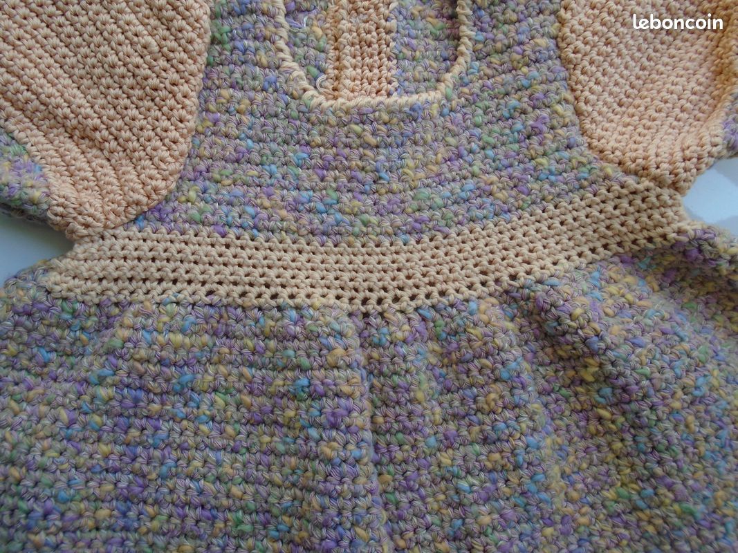 Robe été 2 ans, coton chiné lavande/rose/ saumon et saumon uni, manches ballon,NINITRICOTINE (image 5)