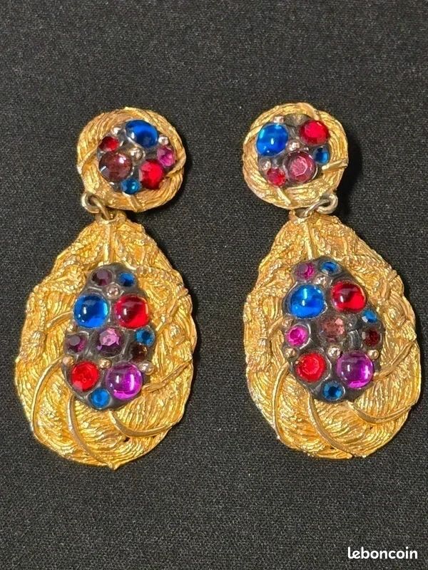 Boucles D'oreilles Clips Pendantes Dorées Vintage JACKY DE G - Occasion - Alliage Métal