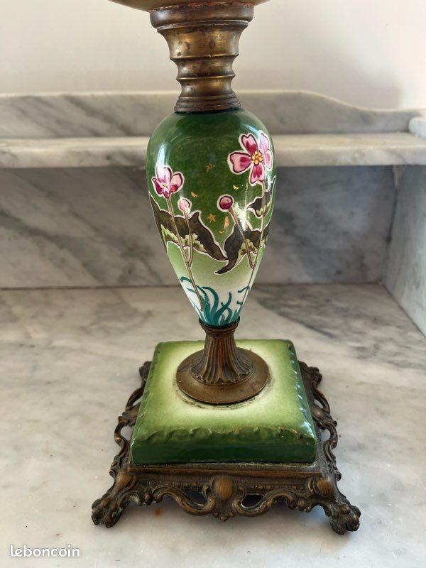 Grande Lampe à Pétrole d'époque XIXème En Onyx Et Bronze