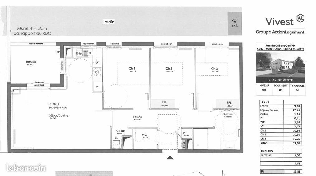 Appartement 4 pièces 77 m² · à Metz · 77 m² · 761 €/mois