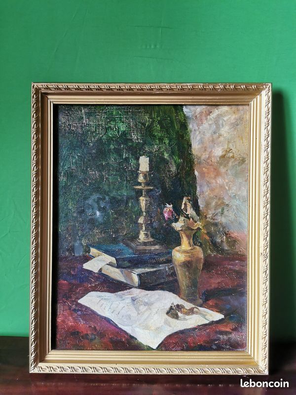 Tableau nature morte – peinture sur toile – cadre doré – 56 × 45 cm (image 1)