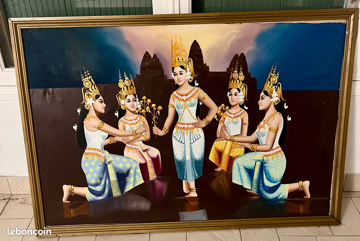 Grand tableau vintage danseuses Apsara & Angkor Vat — 185 x 87 cm (image 1)