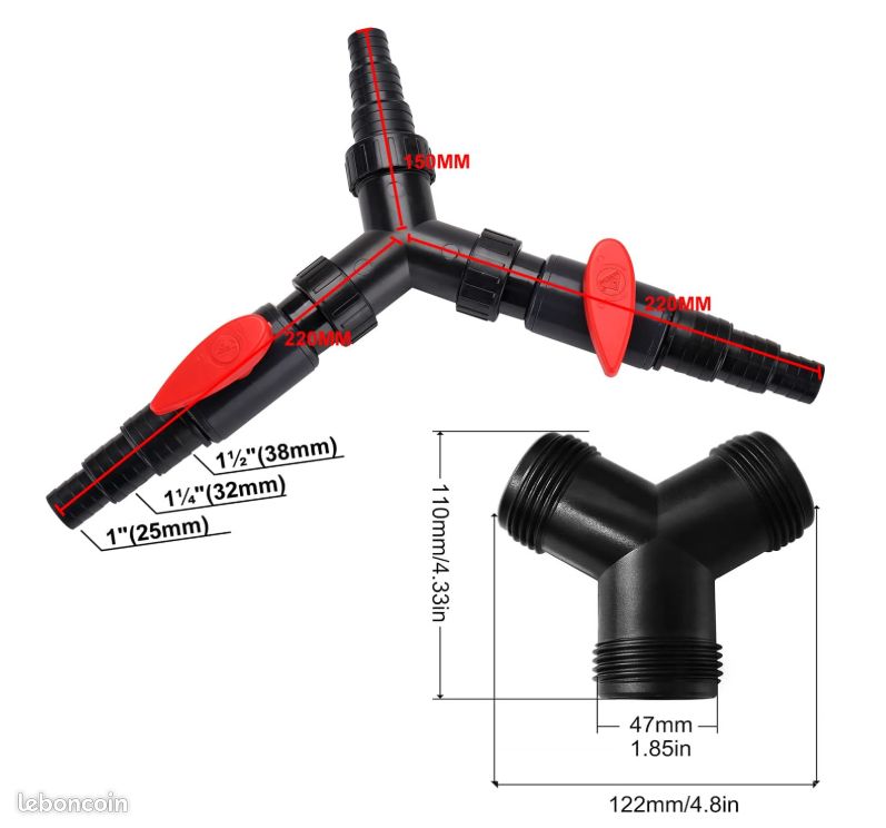 SunSun Y-distributeur Pour Tuyau De Bassin : Raccord 3 Voies Avec Douilles étagées 25/32/38 Mm (1", 1 1/4", 1 1/2")