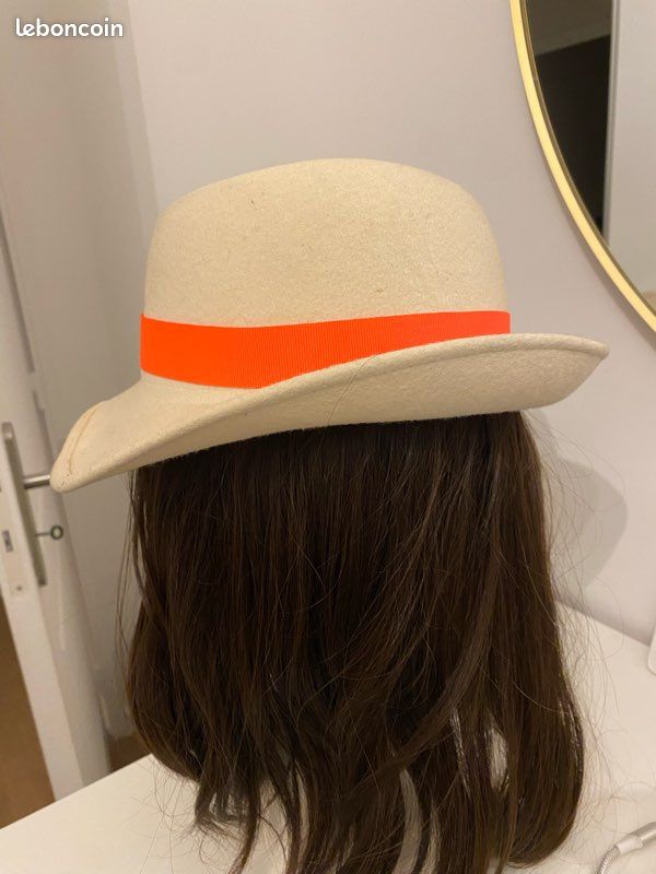 Chapeau en feutre beige avec bande noeud orange (image 2)