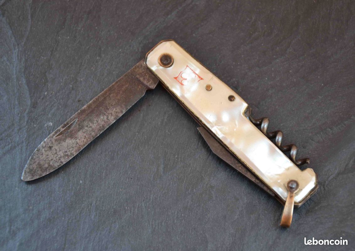 Couteau Multifonctions PRADEL Ancien, Manche Nacre, Lame Acier Inoxydable, Années 1960