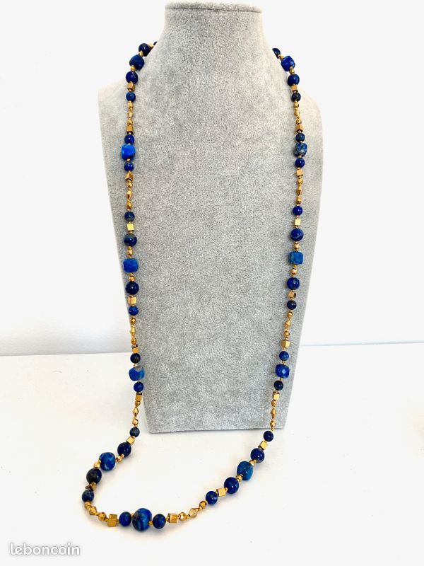 Collier 3 perles Lapis Lazuli du Pakistan. Chaine en acier