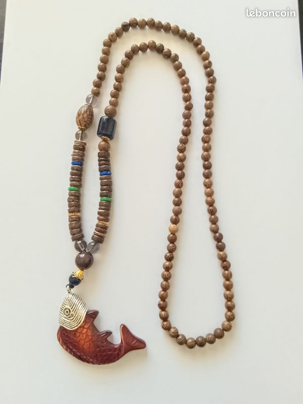 Collier Chinois Pendentif Poisson En Aventurine Rouge - Pierre Naturelle - Longueur 66-70 Cm - Occasion