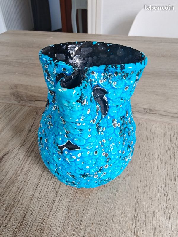 Pichet / broc vintage en céramique émaillée "Écume de mer" bleu turquoise – Années 60/70 style Vallauris / Fat Lava (image 2)