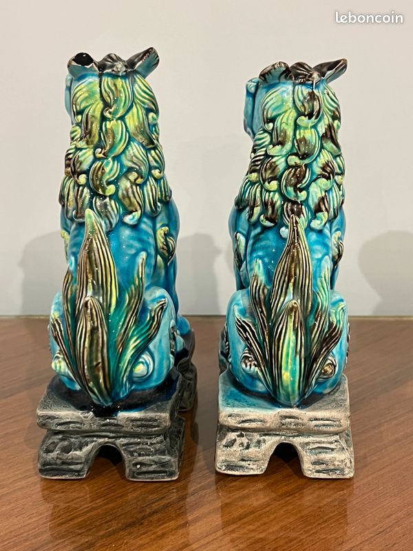 2 figurines de chien FOO japonaises années 50 en céramique bleue et verte (image 5)