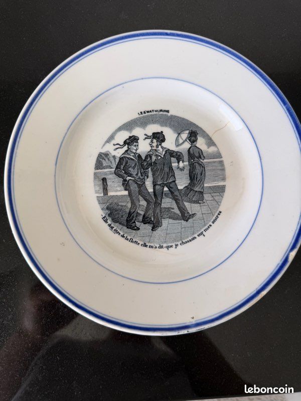 Lot de 6 assiettes anciennes Gien « Les Mathurins » – Faïence humoristique (image 8)