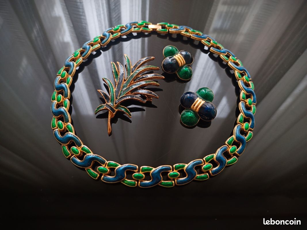 Collier Vintage En Métal émaillé Bleu-vert Et Doré - Bijou Occasion