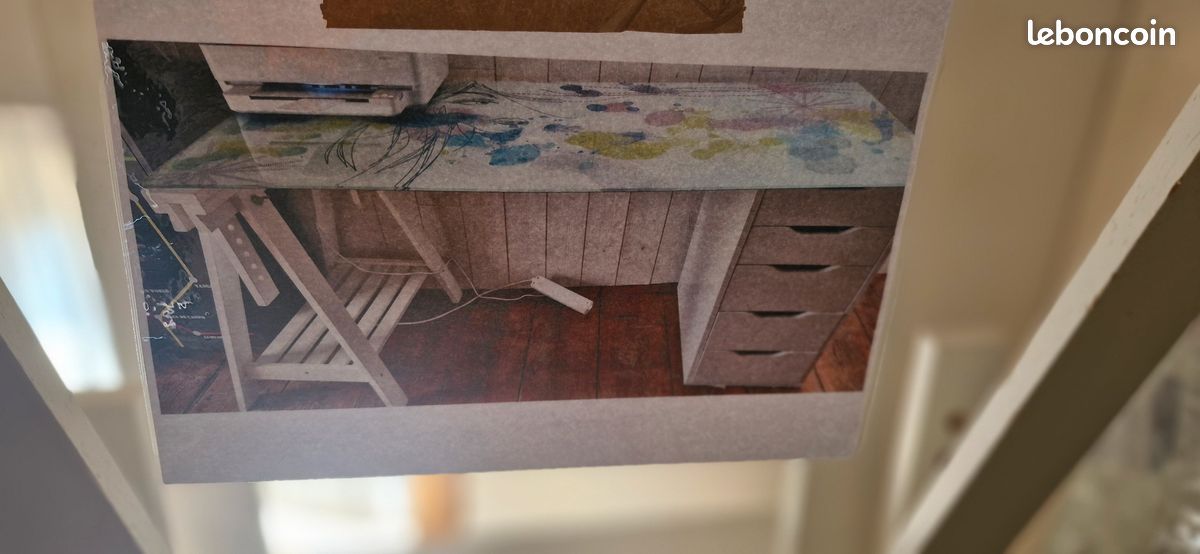 Bureau plaque en verre+caisson+ tréteau Ikéa (image 1)