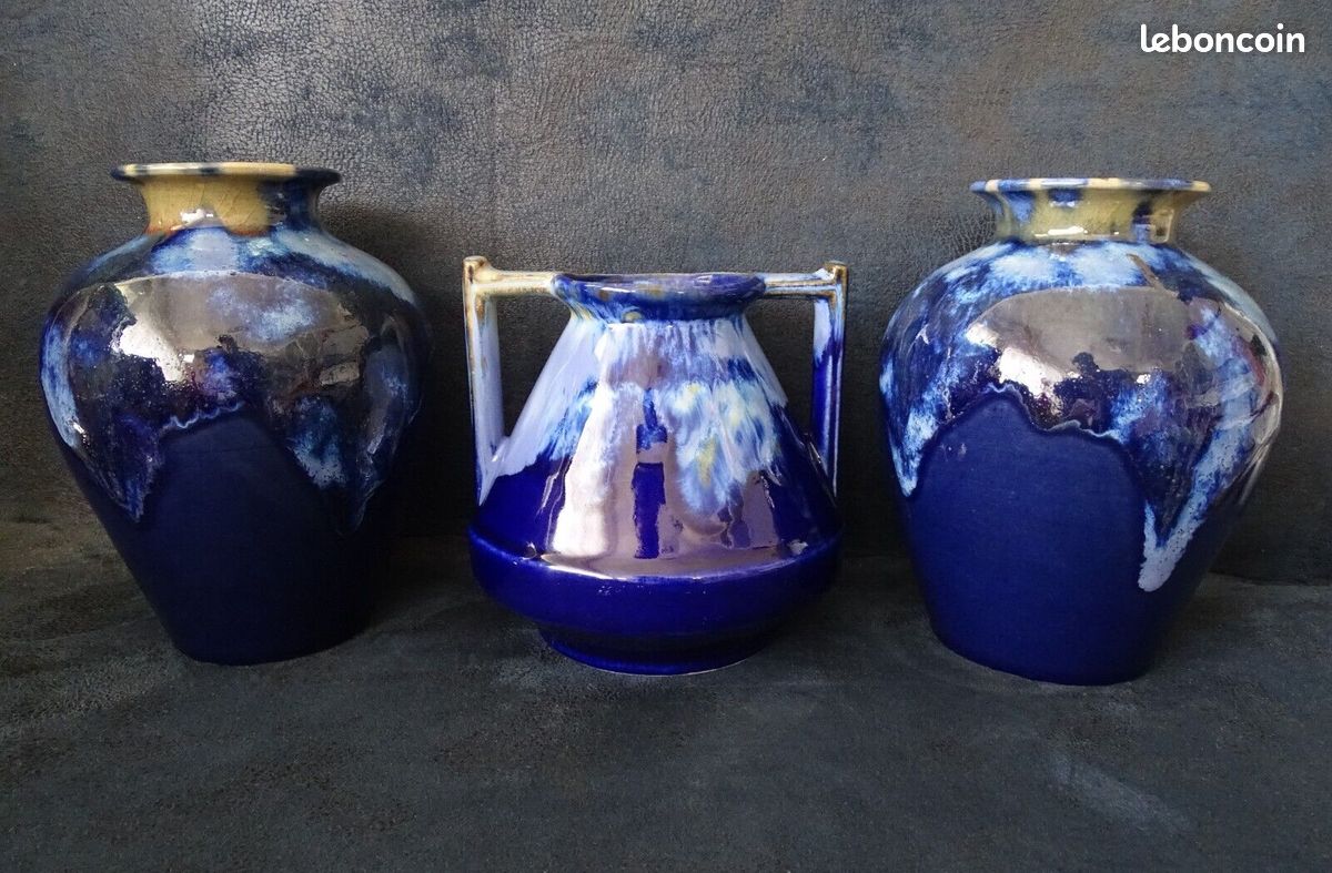 VENDUES / Vases Céramiques Grès du Morvan bleu + Alpho Alphonse Mouton design Art Nouveau rétro Vintage 1930's (image 3)