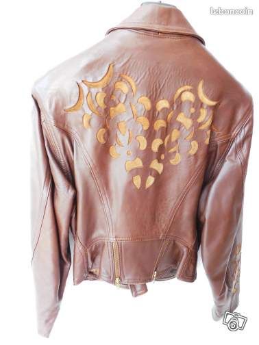 Blouson cuir marron style perfecto vintage M NF06 (image 2)
