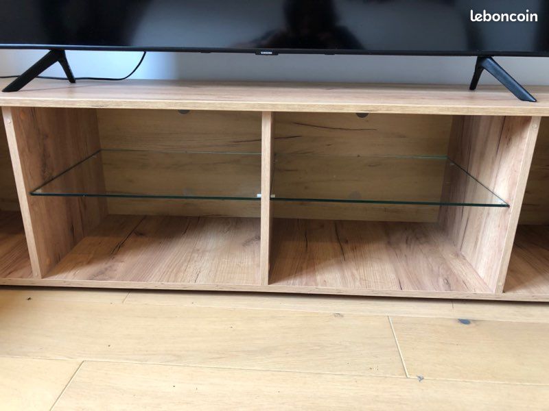 Meuble TV en bois - portes blanches et tablettes en verre - 162 cm (image 3)