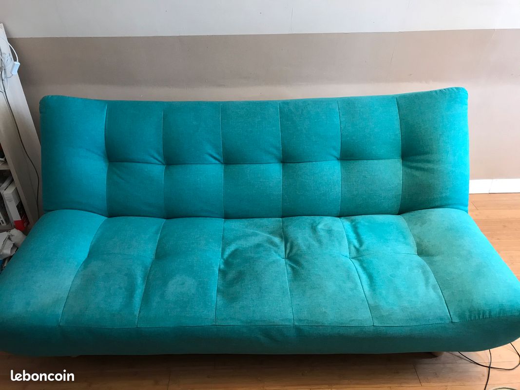 Canapé turquoise clic-clac + housse grise (image 2)