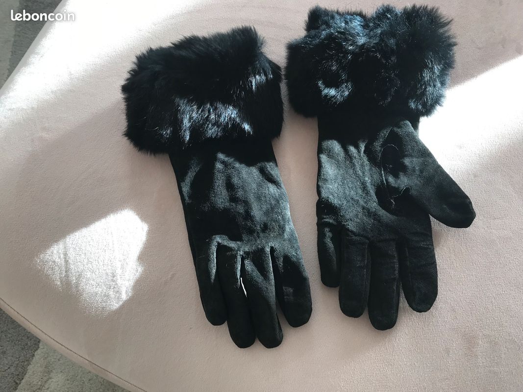 Gants en cuir noir et fourrure (image 1)