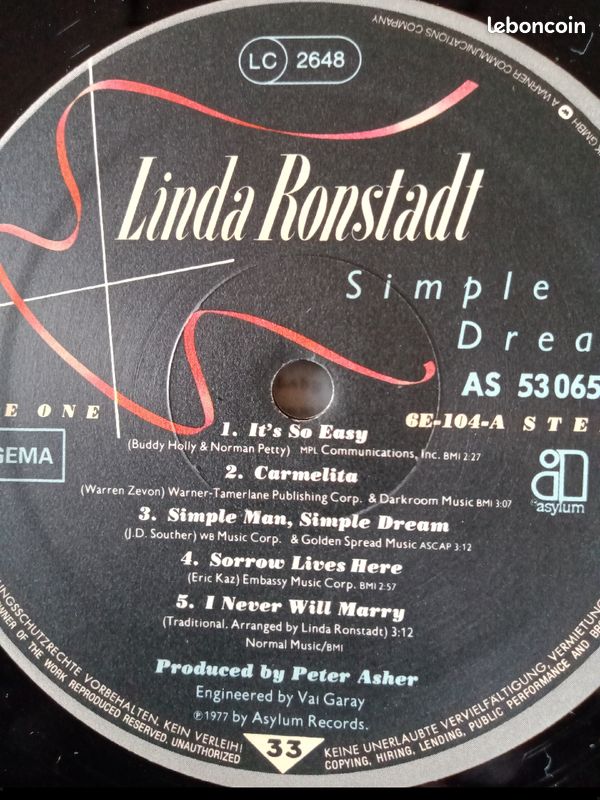 Linda Ronstadt 33T "Simple Dreams"1977 (image 7)