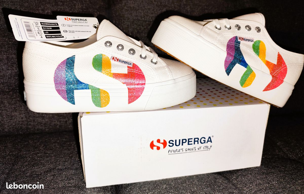 Chaussures baskets Superga plateforme blanches logo multicolore pailleté - neuves - 37 (image 1)