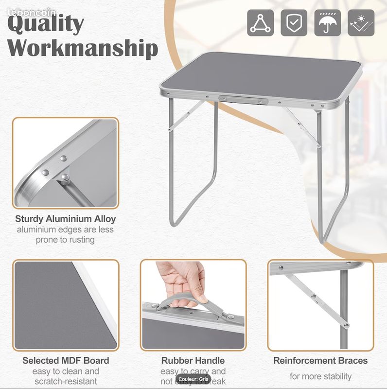 Table Pliante de Pique Nique Camping (70x50x60cm) en Aluminium - LĂ©gĂšre & Compacte - Table a Manger - Neuve - Livraison gratuite en France en 4 jours â â â (image 4)