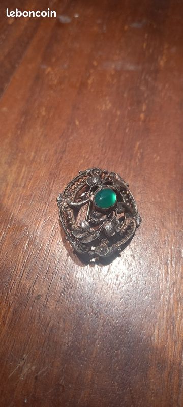 Broche En Argent Avec Pierre Verte - Occasion, Bijou Vintage Ou Fantaisie