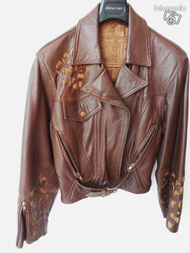Blouson cuir marron style perfecto vintage M NF06 (image 1)