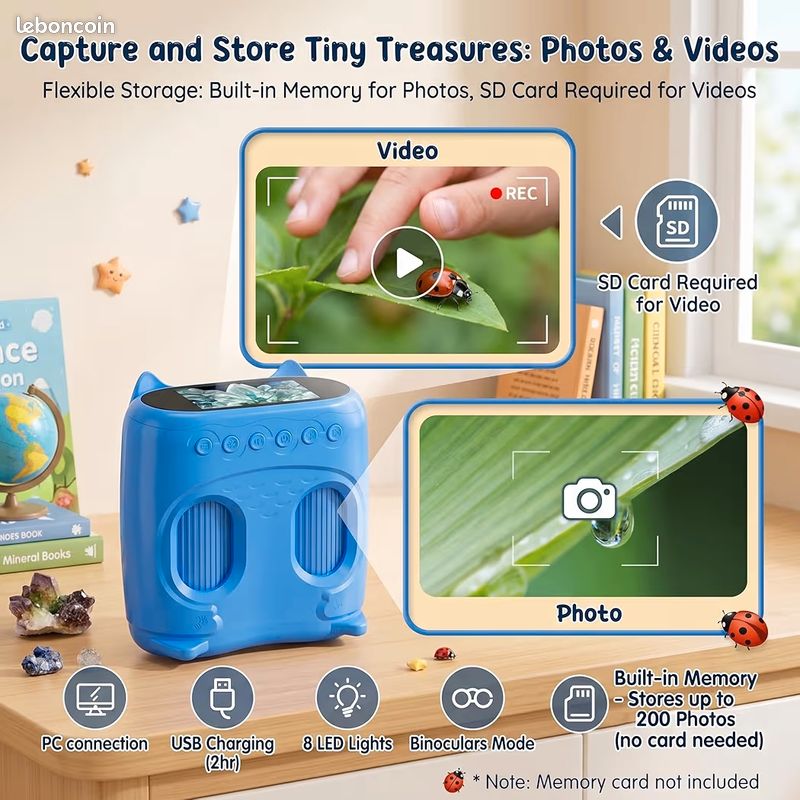 Microscope numérique 2 en 1 pour Enfants et Jumelles pour Enfants, Microscope de Poche IPS HD 2,0, télescope grossissant 10x avec 8 LED 1080P, Jouet d'extérieur Naturel pour Filles et garçons