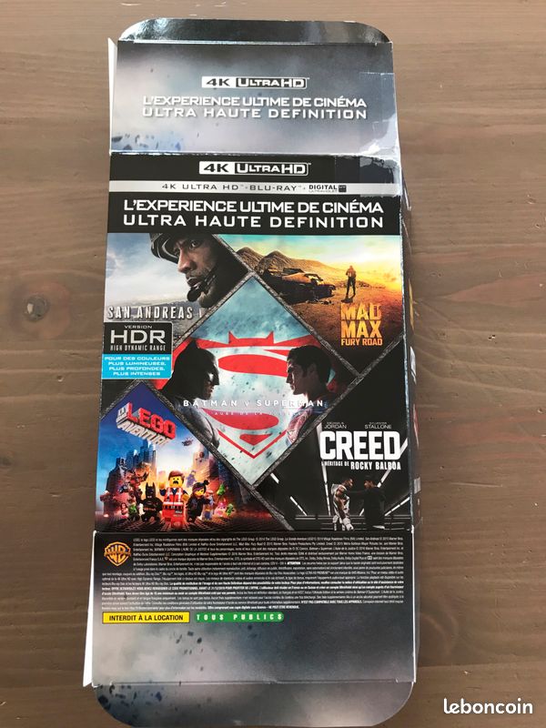 Fourreau carton seul : bluray 4k San Andreas + mad max fury road + Creed l’héritage de rocky balboa + la grande aventure lego + Batman v Superman l’aube de la justice (image 1)