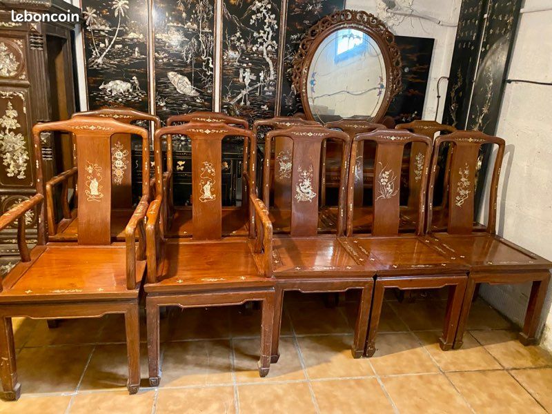 Chaise asiatique laque teck du Vietnam nacré (image 3)