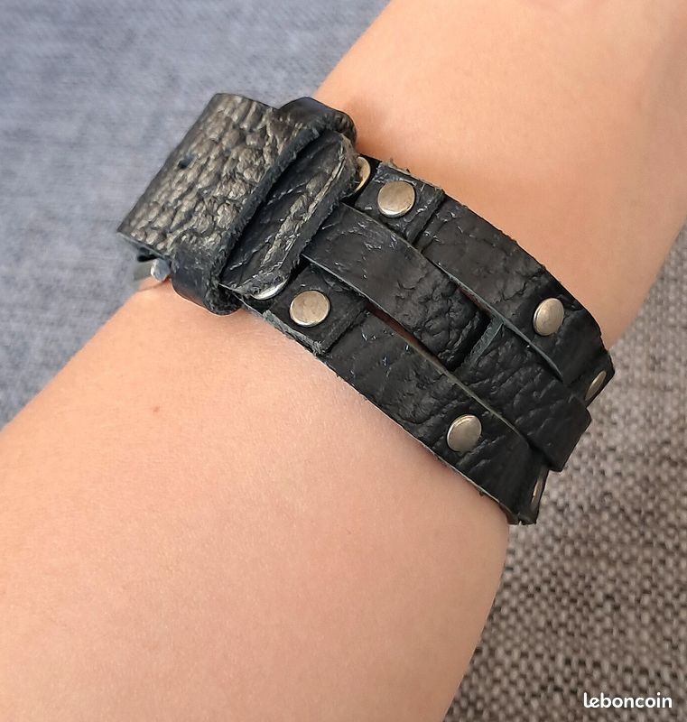 Bracelet en cuir noir tressé et clous argentés (image 3)