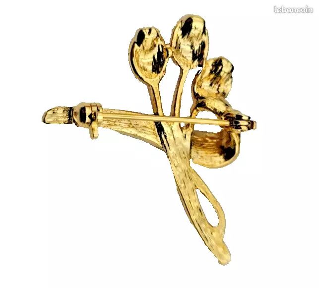 Broche Tulipe Vintage - Marque B B - Métal Doré, Ornements Oxydés - Années 1970/1980 - Occasion